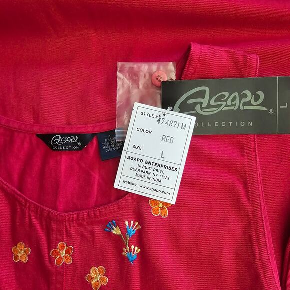 ASAPO Red Embroidered Sleeveless DRESS Floral Flowers Cotton Maxi Shift W Large - Picture 5 of 7